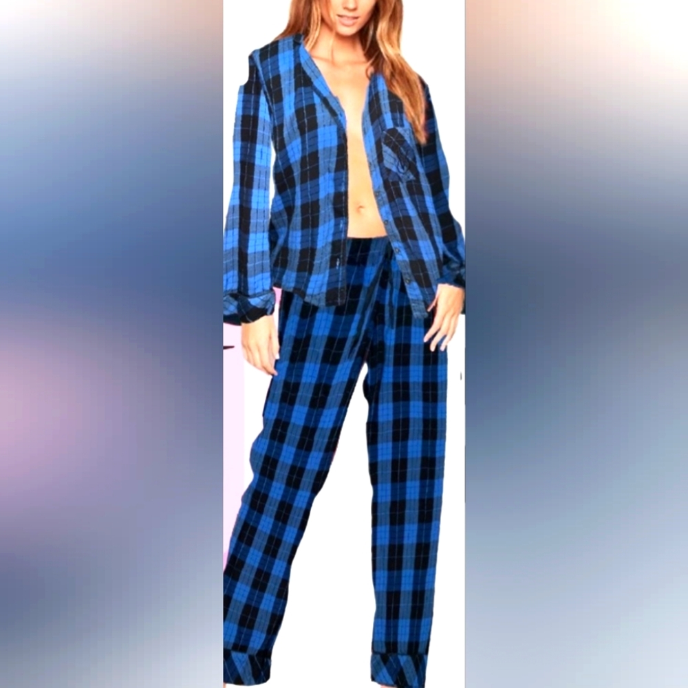 VS Blue Plaid Long Sleve Pajama Set XS